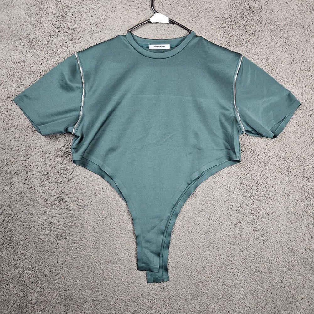 Maniere De Voir Womens Small Green Zipper Shoulder Short Sleeve Thong Bodysuit